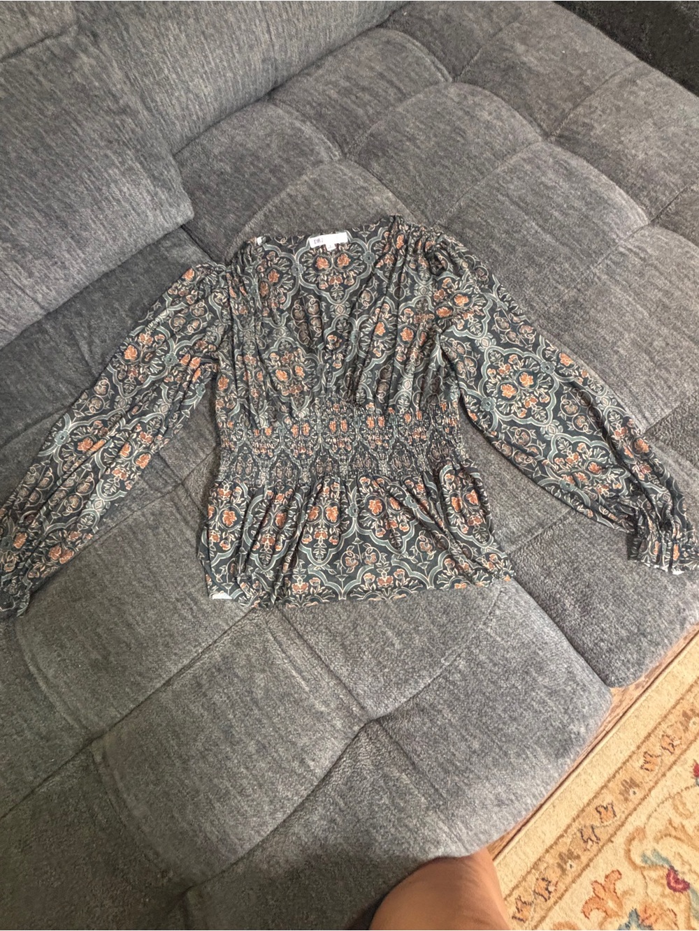 DR2 Gray Floral Smocked-Waist Long Sleeve Blouse with Orange Accents